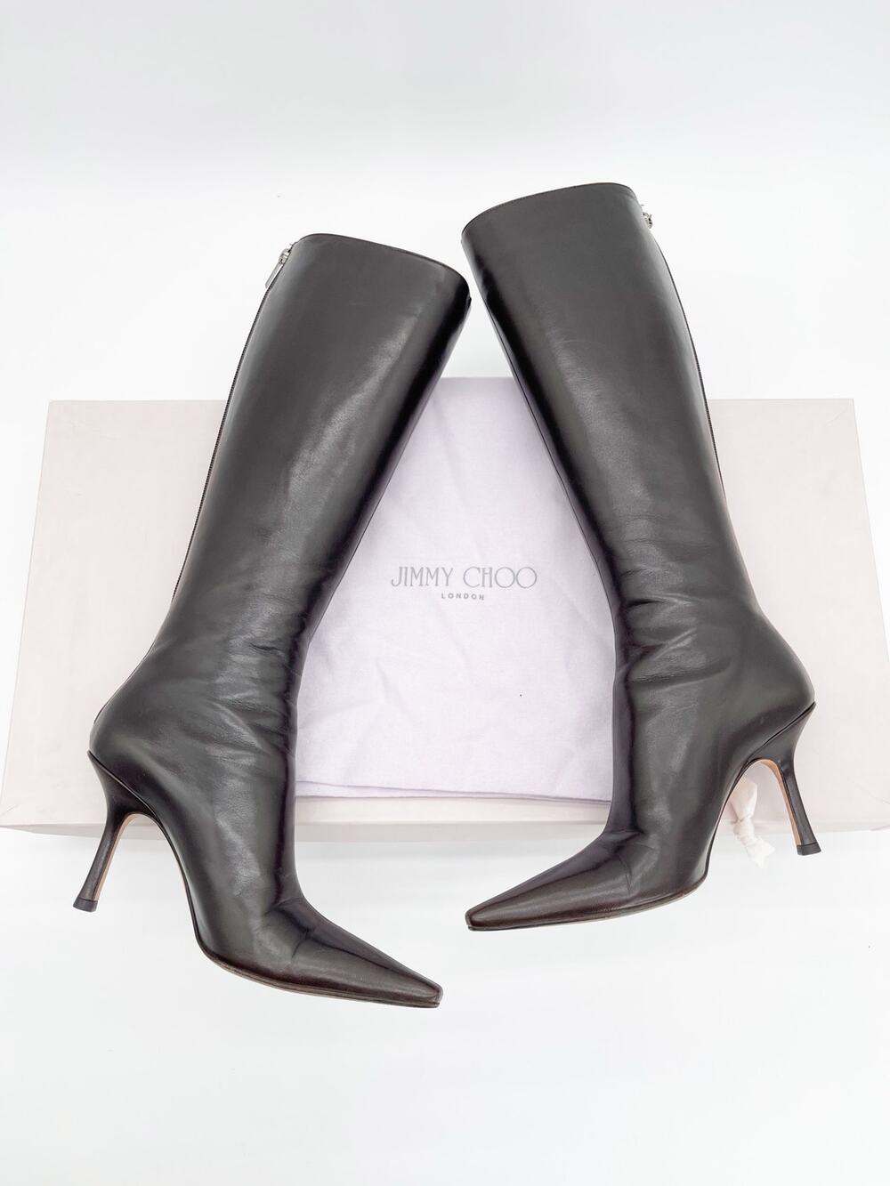 Jimmy Choo Peony Coffee Brown Leather Pointed Square Toe Knee High Boots IT 36